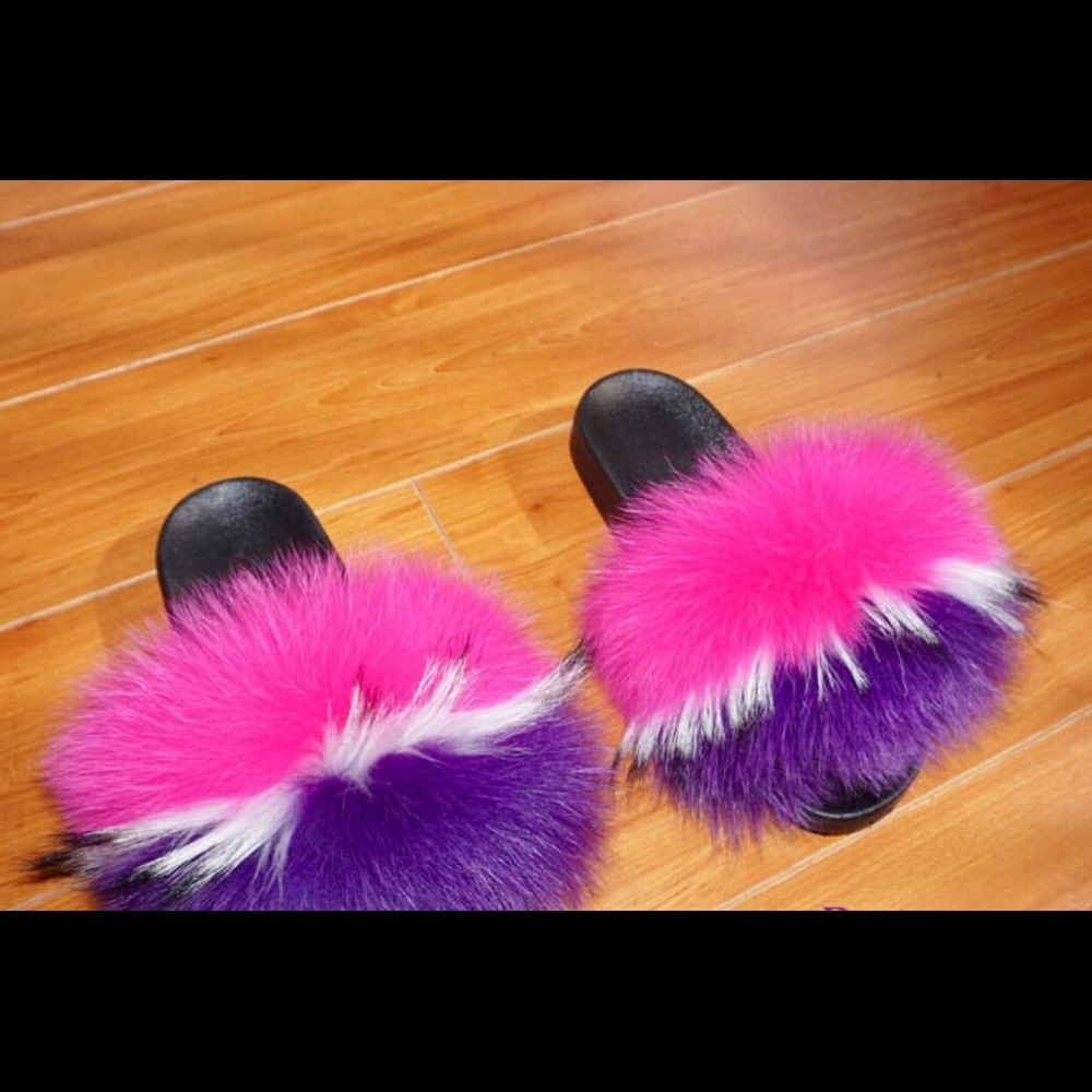 Real Fox Fur Slides purple and Pink